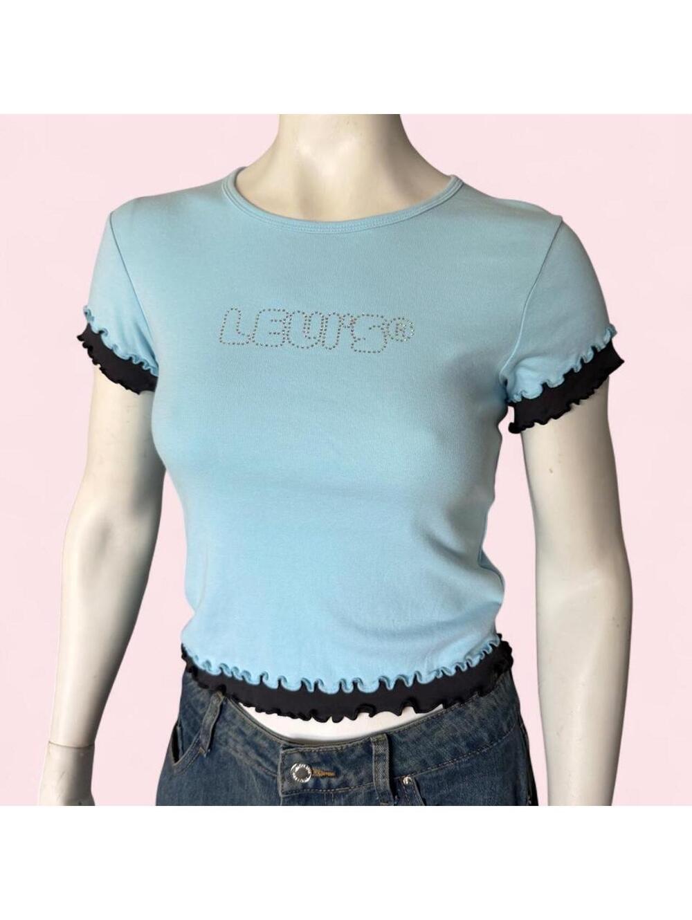 Y2K Levi's Rhinestone Logo Baby Tee Light Blue Lettuce Trim Size M